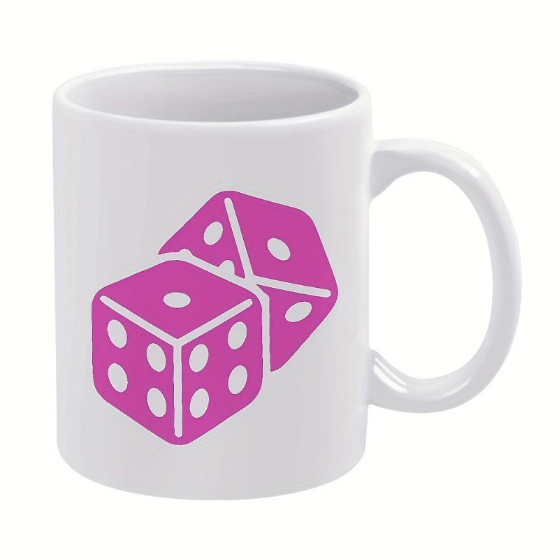 Tailorly White Ceramic 11 oz Mug - Two Stylized Pink Gaming Cubes Showing White Dots Floating Against White Background Dice