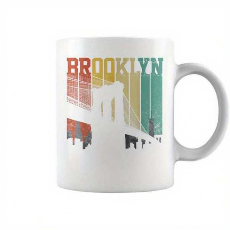 Tailorly White Ceramic 11 oz Mug - Brooklyn Retro Vintage Sunset Stripes With Urban City Skyline Silhouette Bridge
