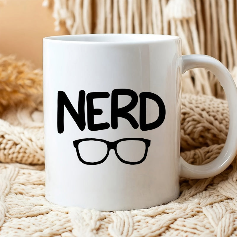 Tailorly White Ceramic 11 oz Mug - Nerd Bold Hand Lettered Style Text Featuring Classic Thick Rimmed Glasses