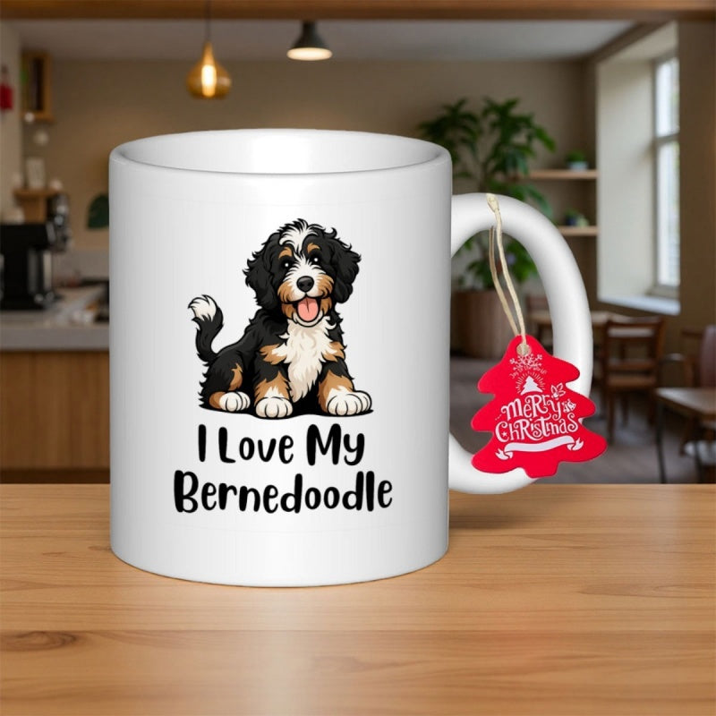Tailorly White Ceramic 11 oz Mug - I Love My Bernedoodle Adorable Fluffy Puppy Sitting Happily With A Friendly Smile Bernedoodle