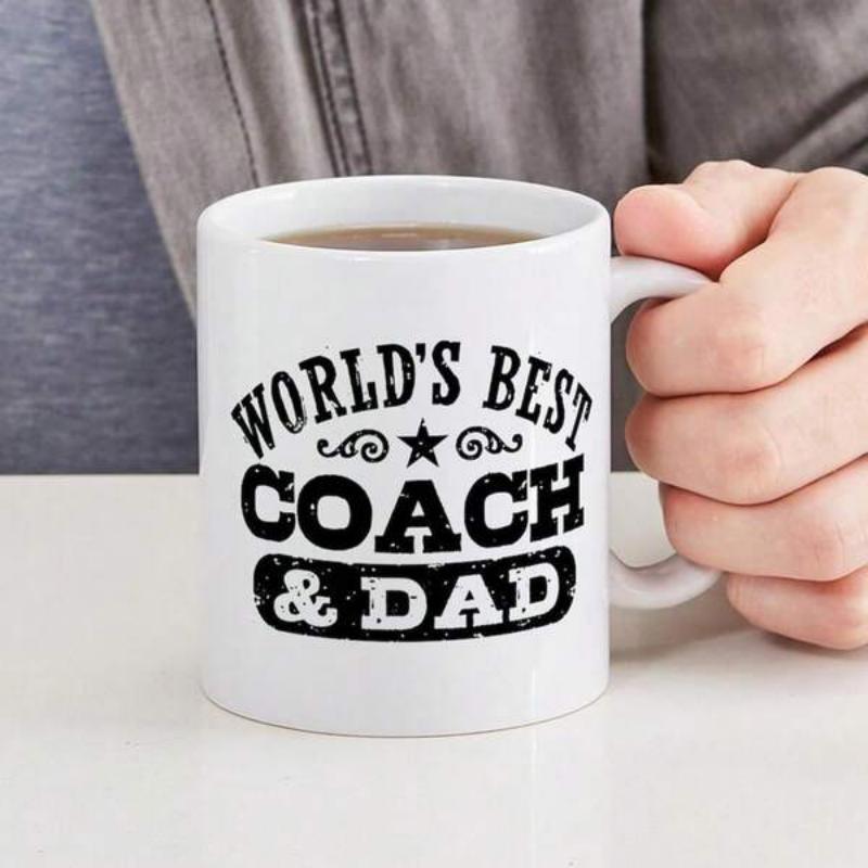 Tailorly White Ceramic 11 oz Mug - Worlds Best Coach Dad Distressed Typography With Decorative Swirls And A Central Star Mug