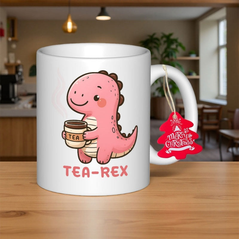 Tailorly White Ceramic 11 oz Mug - Tea Rex Tea Adorable Pink Little Dinosaur Holding A Steaming Cup Of Tea Dinosaur