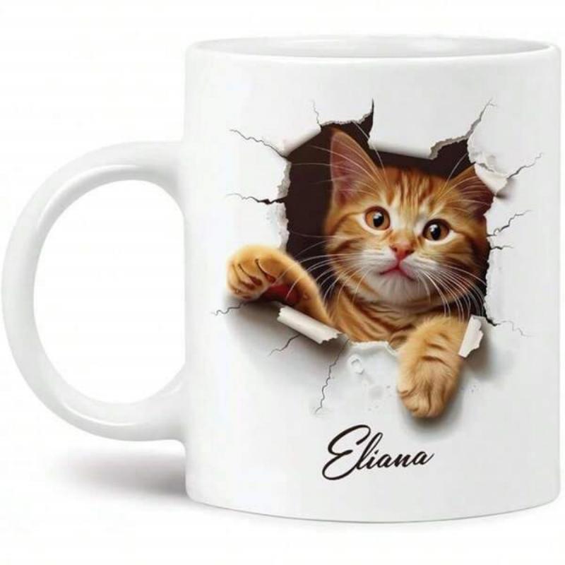 Tailorly White Ceramic 11 oz Mug - Eliana Realistic Orange Tabby Peeking Through A Decorative Broken White Surface Cat