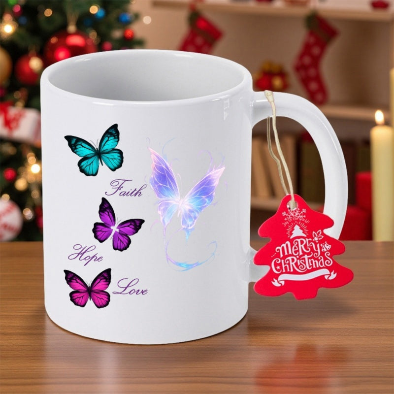 Tailorly White Ceramic 11 oz Mug - Faith Hope Love Vibrant Colorful Butterflies Hovering Gracefully With Ethereal Glowing Wings Under Soft Light Butterfly