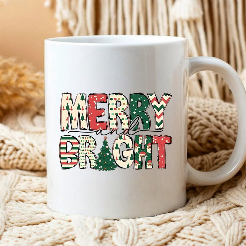 Tailorly White Ceramic 11 oz Mug - Merry And Bright Patterned Letters Featuring Festive Holiday Textures And A Small Decorated Green Christmas Tree