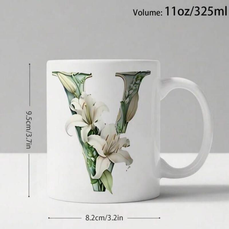 Tailorly White Ceramic 11 oz Mug - V Elegant White Lilies Blooming Inside A Decorative Vintage Style Green Leafy Lily