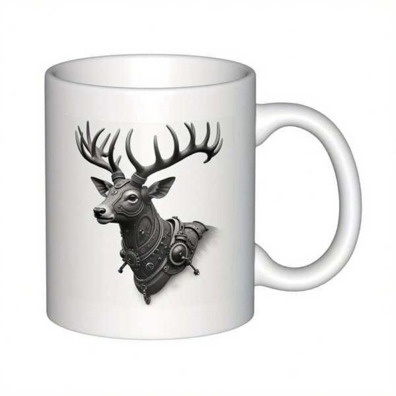Tailorly White Ceramic 11 oz Mug - Majestic Monochrome Illustration Featuring Large Antlers And Detailed Textures Deer