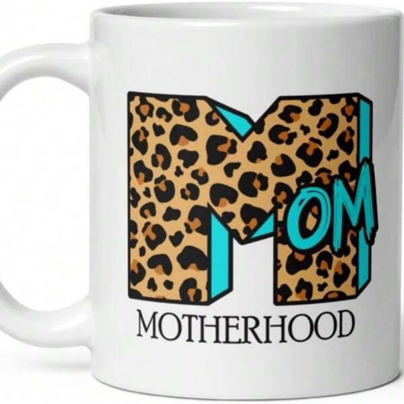 Tailorly White Ceramic 11 oz Mug - Mom Motherhood Artistic Large Leopard Patterned Letter With Vibrant Teal Shading Letter