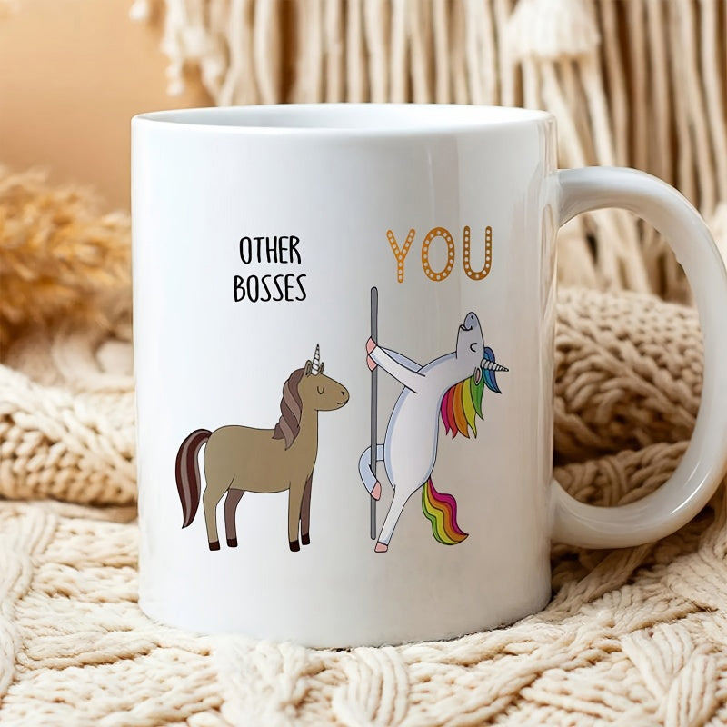 Tailorly White Ceramic 11 oz Mug - Other Bosses You Playful Rainbow Mane Unicorn Dancing On Pole Beside Simple Horse Unicorn