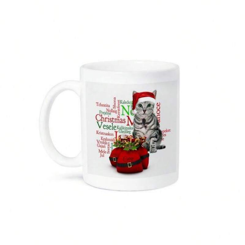Tailorly White Ceramic 11 oz Mug - Christmas Noel Merry Festive Grey Kitten Wearing Santa Hat Sitting Behind Red Gift Sack Cat