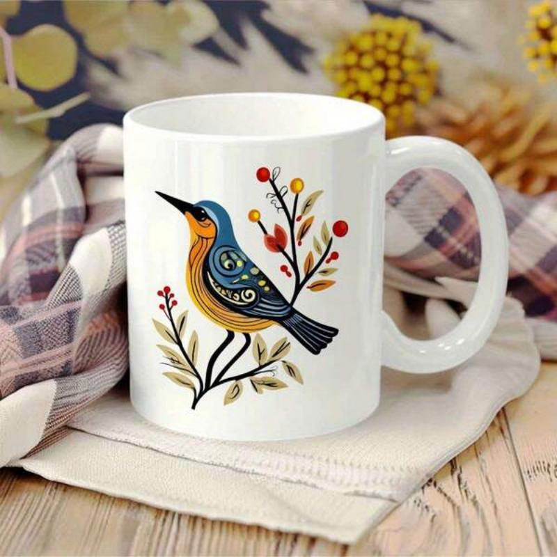 Tailorly White Ceramic 11 oz Mug - Vibrant Folk Art Illustration Of Colorful Songbird Among Winter Berries Bird