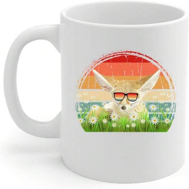 Tailorly White Ceramic 11 oz Mug - Vintage Sunset Scene With Fox Wearing Cool Sunglasses Among Wildflowers Fennec Fox