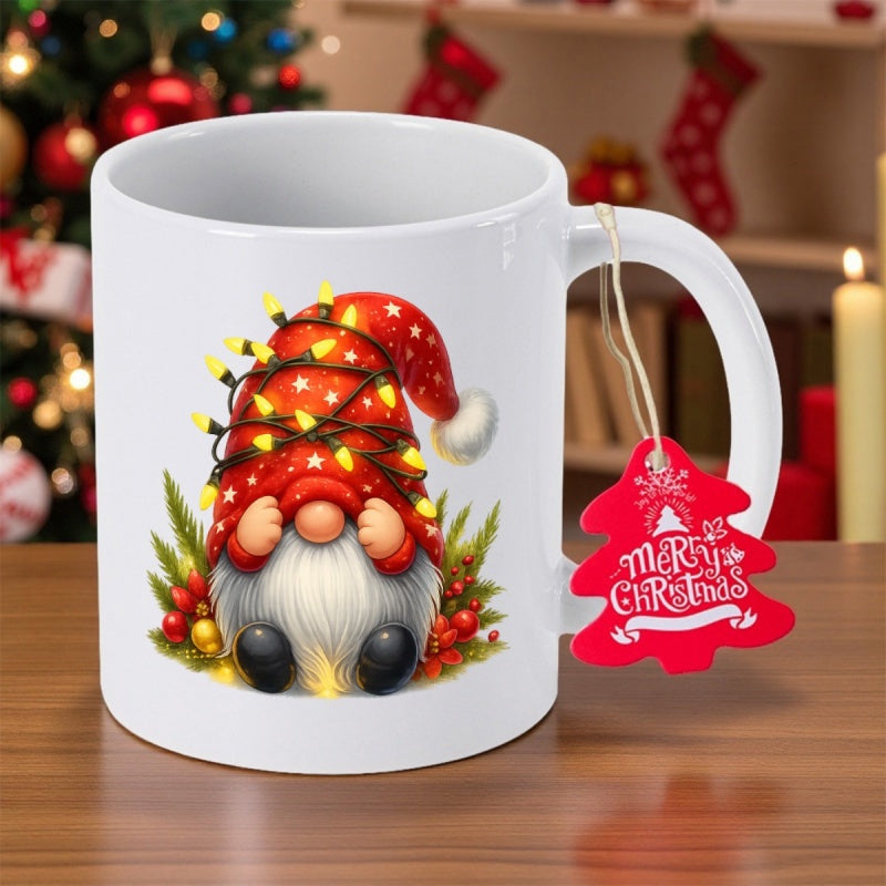 Tailorly White Ceramic 11 oz Mug - Merry Christmas Festive Holiday Design Wrapped In Glowing Fairy Lights And Evergreen Berries Gnome