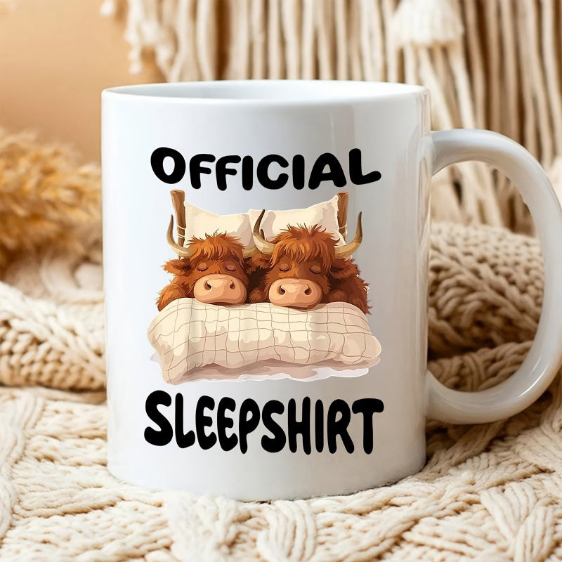 Tailorly White Ceramic 11 oz Mug - Official Sleepshirt Adorable Fluffy Highland Cows Sleeping Peacefully Tucked Under A Quilt Blanket Highland Cow