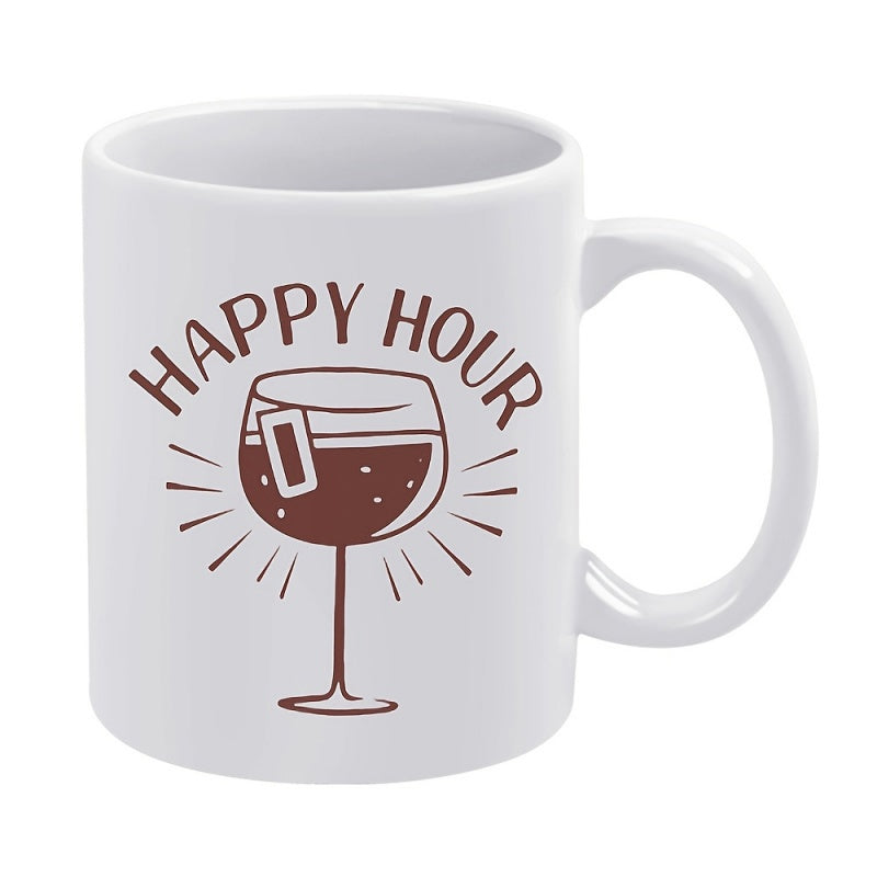 Tailorly White Ceramic 11 oz Mug - Happy Hour Simple Minimalist Wine Glass Filled With Refreshing Drink Under Shining Rays Glass