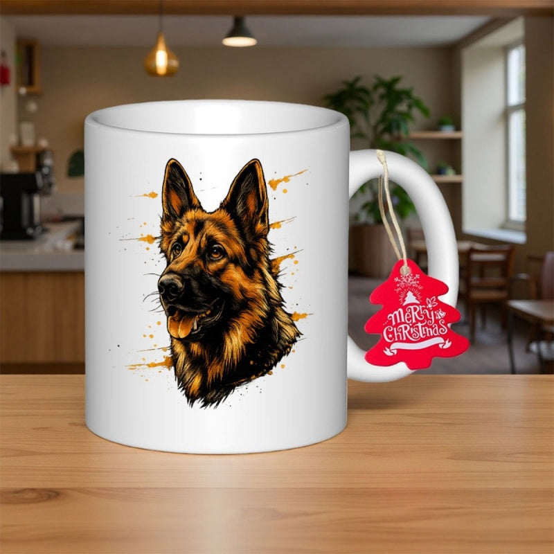Tailorly White Ceramic 11 oz Mug - Merry Christmas Artistic Golden Brown Furry Head With Dynamic Golden Paint Splatters German Shepherd
