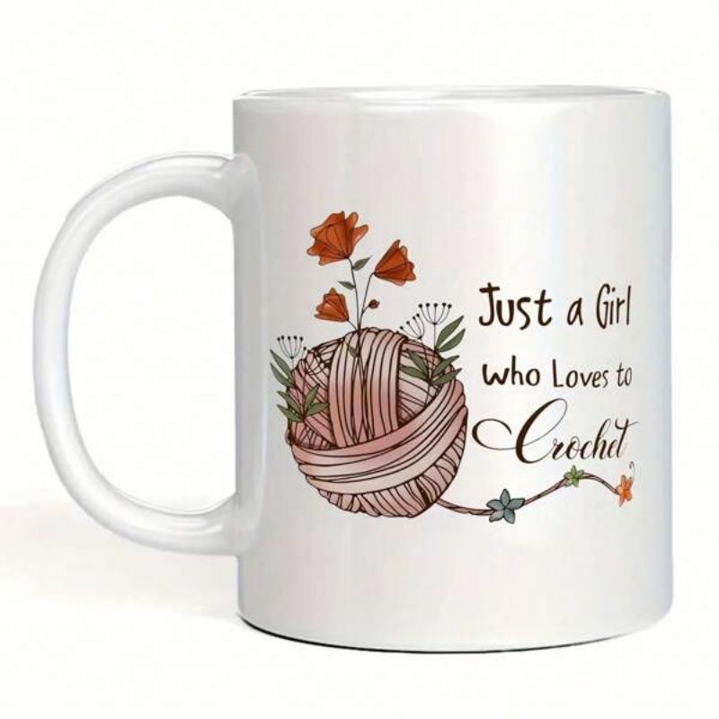 Tailorly White Ceramic 11 oz Mug - Just A Girl Who Loves To Crochet Soft Pink Ball Of Yarn With Delicate Orange Flowers And Greenery Yarn