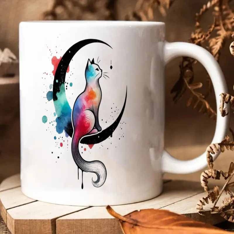 Tailorly White Ceramic 11 oz Mug - Colorful Watercolor Splashes Surrounding A Graceful Silhouette On A Crescent Moon Cat