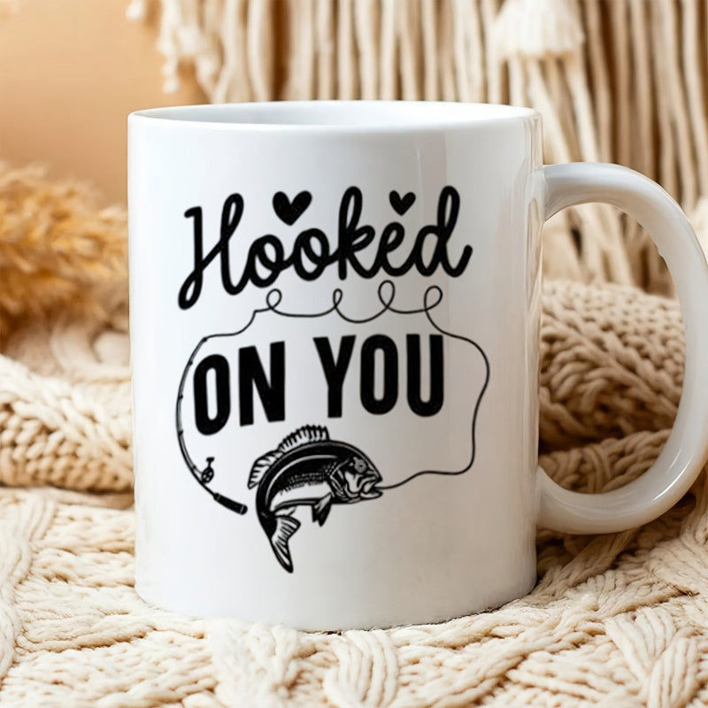 Tailorly White Ceramic 11 oz Mug - Hooked On You Playful Jumping Bass Caught On A Circular Fishing Line Illustration Fish