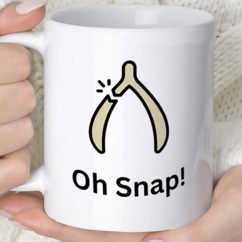 Tailorly White Ceramic 11 oz Mug - Oh Snap Minimalist Black Outlined Illustration Of A Traditional Broken Lucky Wishbone