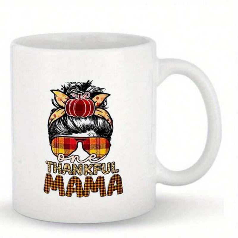 Tailorly White Ceramic 11 oz Mug - One Thankful Mama Messy Bun Featuring Plaid Sunglasses And Stylish Leopard Print Bow Mama