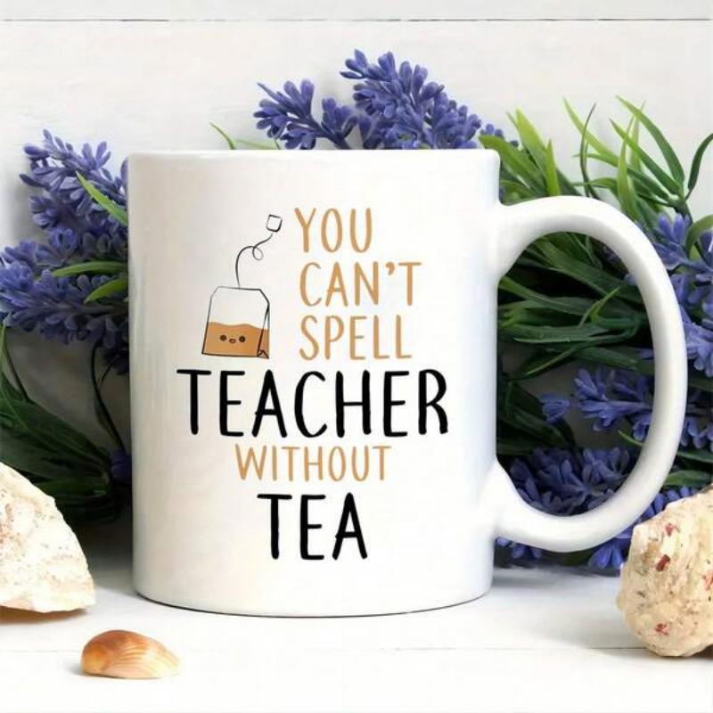 Tailorly White Ceramic 11 oz Mug - You Cant Spell Teacher Without Tea Minimalist Line Art Tea Bag With Rising Steam Mug