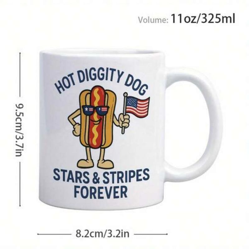 Tailorly White Ceramic 11 oz Mug - Hot Diggity Dog Stars Stripes Forever Patriotic Cartoon Character Wearing Sunglasses Holding An American Flag Hot Dog