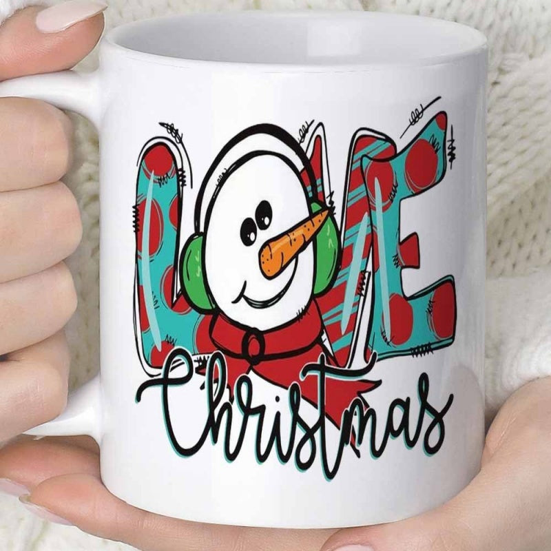 Tailorly White Ceramic 11 oz Mug - Love Christmas Smiling Cartoon Character Wearing Warm Earmuffs And Red Scarf Snowman