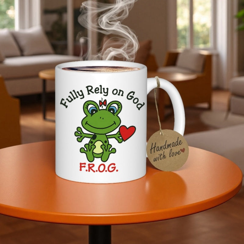 Tailorly White Ceramic 11 oz Mug - Fully Rely On God FROG Cute Smiling Green Amphibian Holding A Red Heart With A Bow Frog
