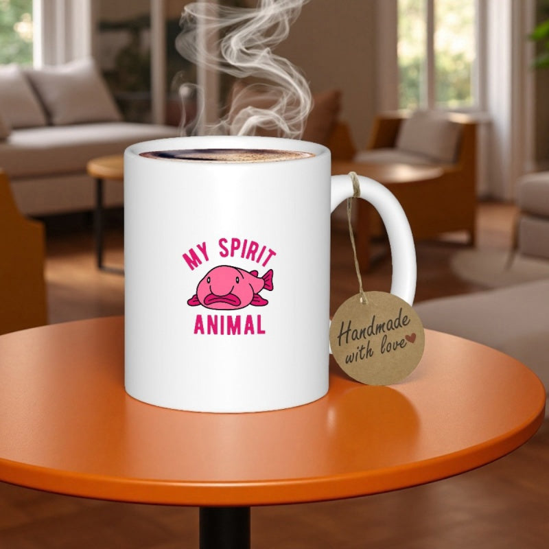 Tailorly White Ceramic 11 oz Mug - My Spirit Animal Whimsical Pink Cartoon Blobfish With Grumpy Expression And Cute Features Blobfish
