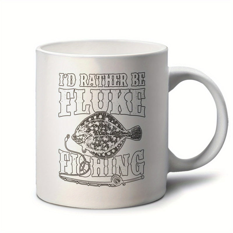 Tailorly White Ceramic 11 oz Mug - Id Rather Be Fluke Fishing Vintage Style Detailed Line Art Illustration Of A Summer Flounder Fish