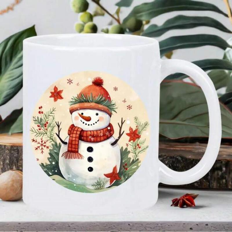 Tailorly White Ceramic 11 oz Mug - Watercolor Style Festive Scene With Red Hat And Scarf Wearing Snowman