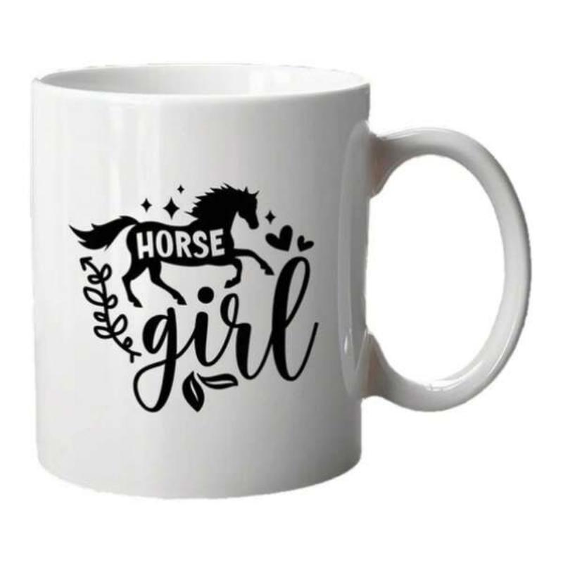 Tailorly White Ceramic 11 oz Mug - Horse Girl Galloping Silhouette Surrounded By Delicate Hearts And Stars With Floral Accents Horse