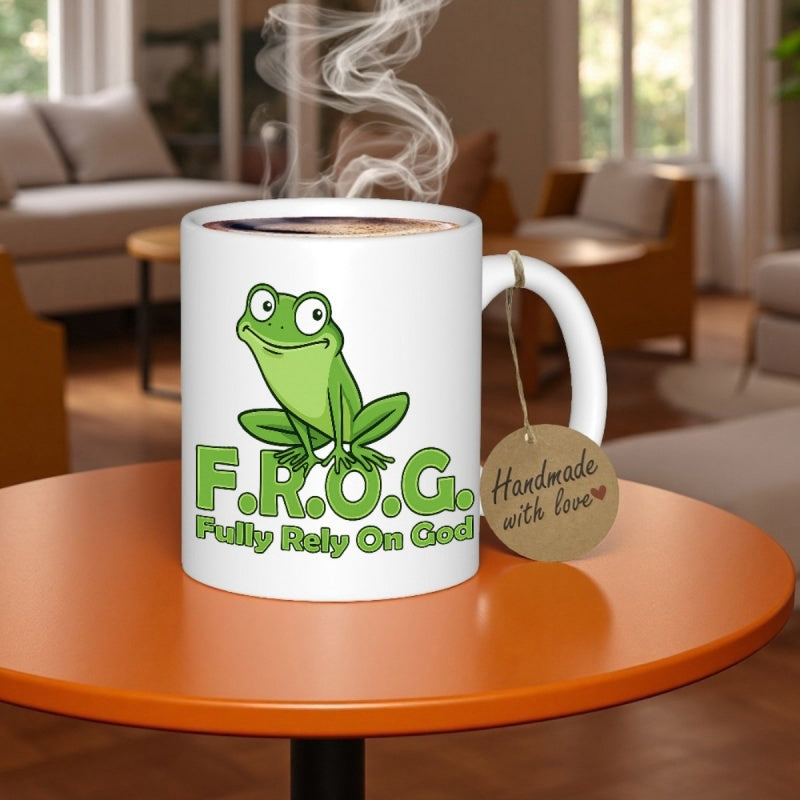 Tailorly White Ceramic 11 oz Mug - Fully Rely On God Smiling Vibrant Green Cartoon Character Resting On Bold Block Lettering Frog