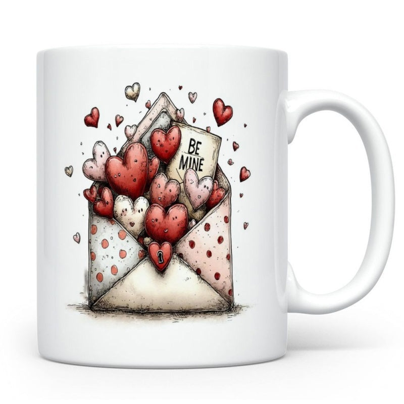 Tailorly White Ceramic 11 oz Mug - Be Mine Charming Dotted Stationery Overflowing With Numerous Romantic Red And Pink Hearts Envelope