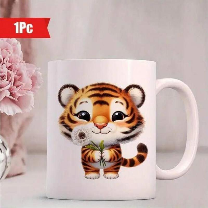 Tailorly White Ceramic 11 oz Mug - Adorable Cartoon Tiger Cub Holding A Delicate Fluffy Dandelion Flower Tiger