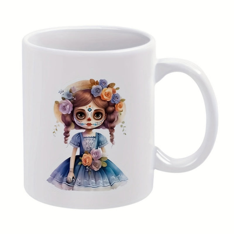 Tailorly White Ceramic 11 oz Mug - Adorable Day Of The Dead Doll In Blue Floral Dress Girl
