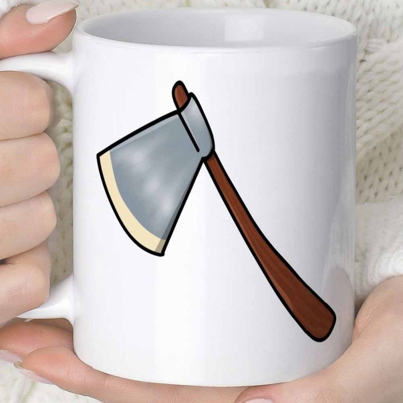 Tailorly White Ceramic 11 oz Mug - Minimalist Cartoon Style Tool Featuring Sharp Metallic Head On Wooden Handle Axe