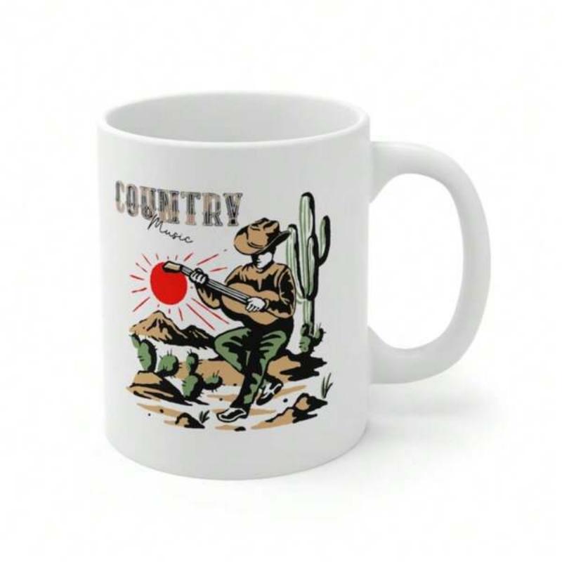 Tailorly White Ceramic 11 oz Mug - Country Music Vintage Musician Playing Guitar Among Desert Cacti Under A Red Glowing Sun Cowboy