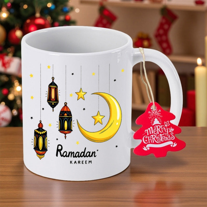 Tailorly White Ceramic 11 oz Mug - Ramadan Kareem Hanging Traditional Lanterns And Glowing Crescent Moon With Golden Stars Mug