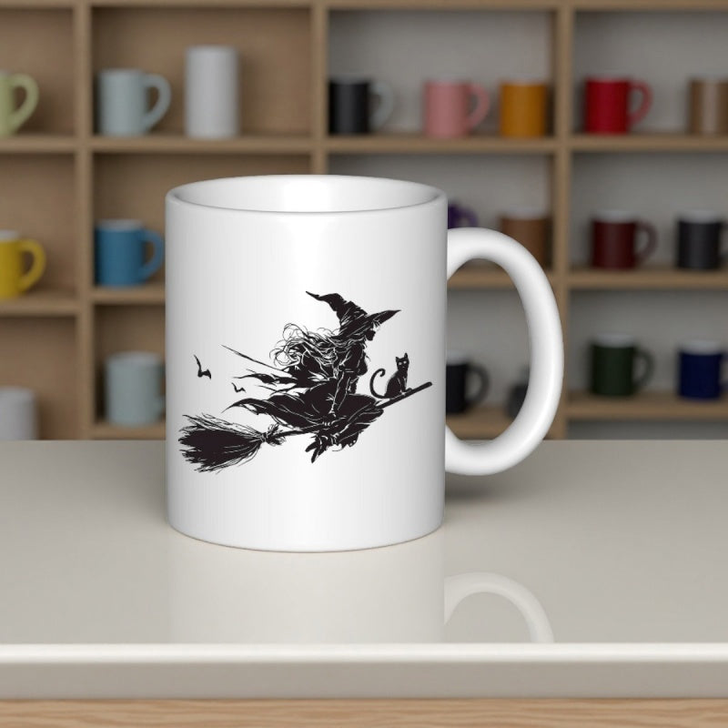Tailorly White Ceramic 11 oz Mug - Mystical Silhouette Flying Through Night Sky On Wooden Broomstick With Cat Witch
