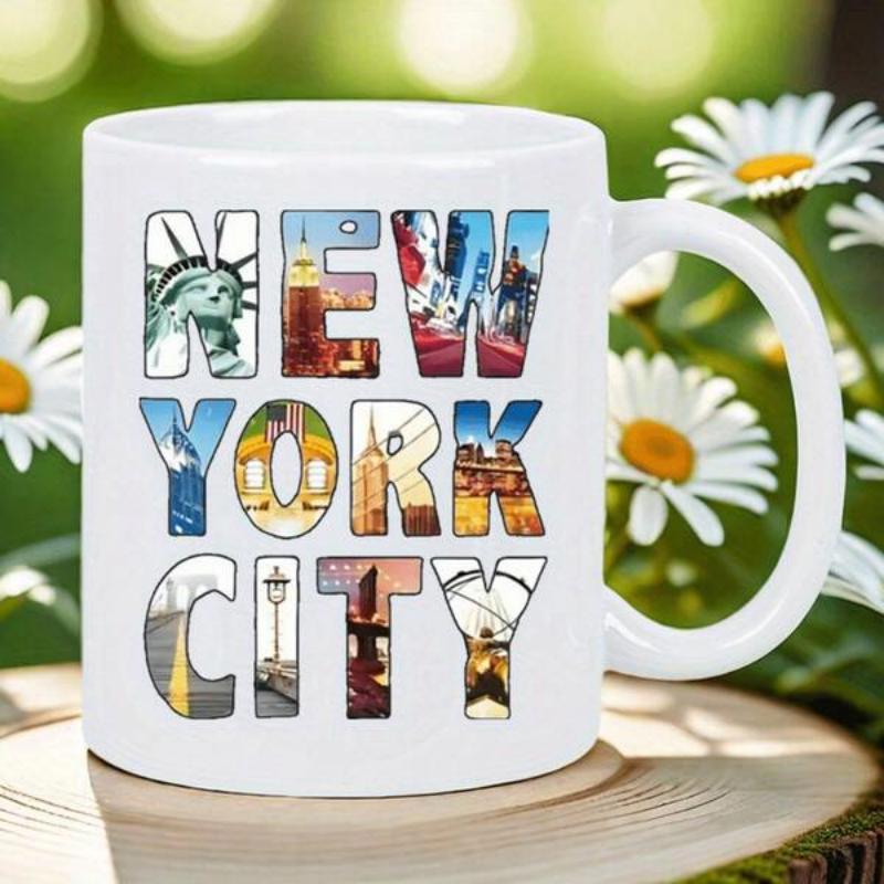 Tailorly White Ceramic 11 oz Mug - New York City Colorful Artistic Collage Of Famous Urban Landmarks Within Block Lettering Skyline