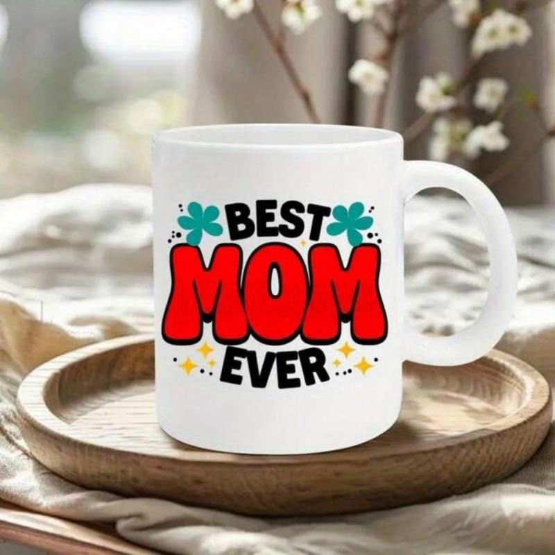 Tailorly White Ceramic 11 oz Mug - Best Mom Ever Colorful Retro Bubble Lettering Decorated With Small Flowers And Sparkling Stars Mug