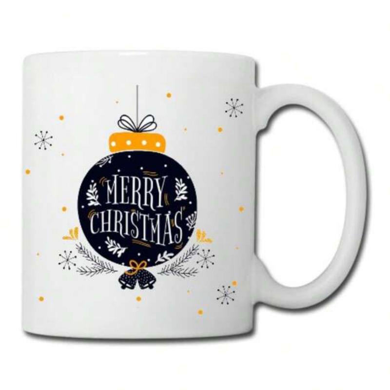 Tailorly White Ceramic 11 oz Mug - Merry Christmas Festive Dark Blue Ornament Surrounded By Delicate Falling Snowflakes And Pine Bauble