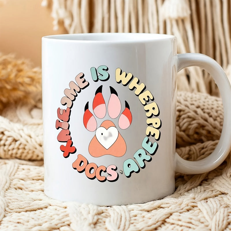 Tailorly White Ceramic 11 oz Mug - Home Is Where Dogs Are Retro Style Heart Inside A Colorful Pet Animal Paw