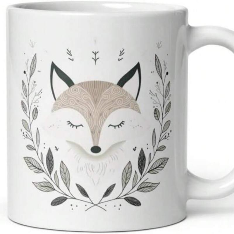 Tailorly White Ceramic 11 oz Mug - Minimalist Sleeping Forest Animal Surrounded By Decorative Delicate Leafy Wreath Fox