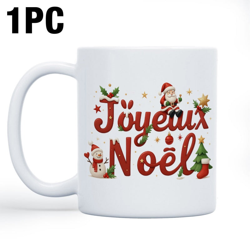 Tailorly White Ceramic 11 oz Mug - Festive Red Artistic Script Among Miniature Snowman And Jolly Smiling Santa