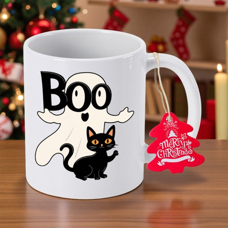 Tailorly White Ceramic 11 oz Mug - Boo Merry Christmas Friendly White Ghost Beside A Small Sitting Black Halloween Cat