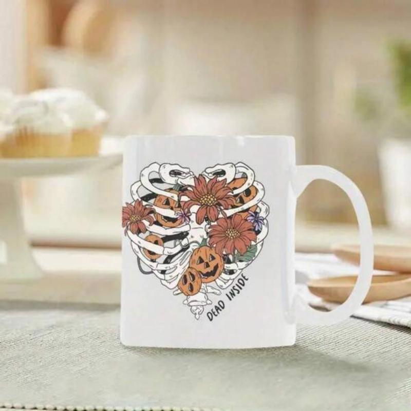 Tailorly White Ceramic 11 oz Mug - Dead Inside Heart Shaped Human Rib Cage With Blooming Flowers And Carved Halloween Pumpkin Heart