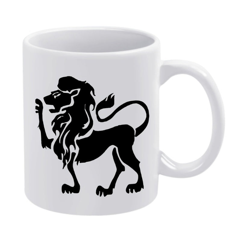 Tailorly White Ceramic 11 oz Mug - Noble Standing Heraldic Style Black Silhouette Representing Strength And Courage Lion
